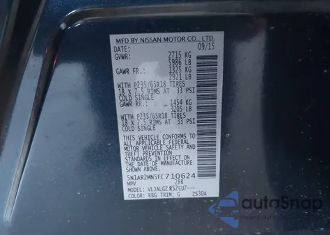 2015 Nissan Pathfinder Sl z USA, uszkodzony, nr VIN 5N1AR2MN5FC710624